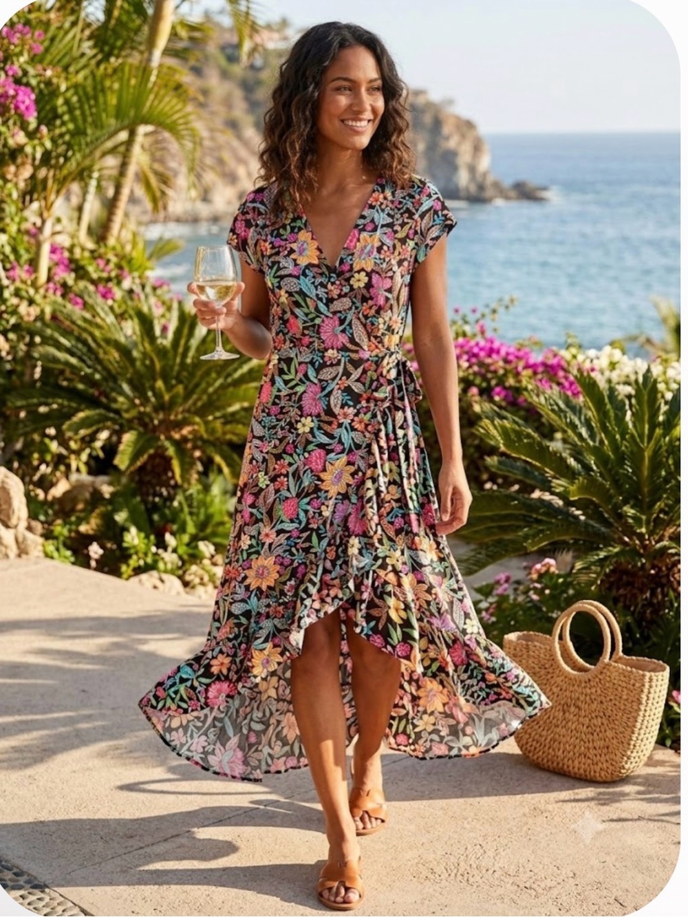 Tribal Black Floral High-Low Wrap Dress